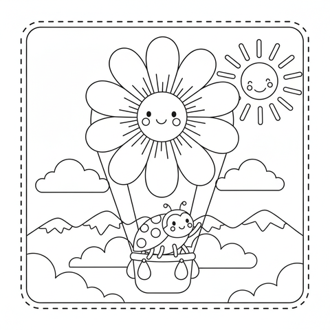 Flower coloring page: a hot air balloon shaped like a flower carrying a ladybug passenger