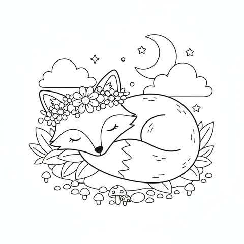 Flower coloring page: a flower crown resting on the head of a sleeping fox