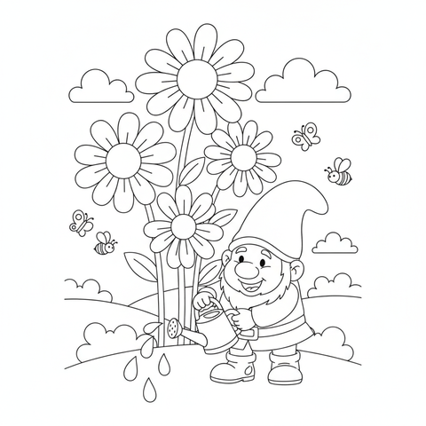 Flower coloring page: a garden gnome watering giant daisies with a tiny watering can
