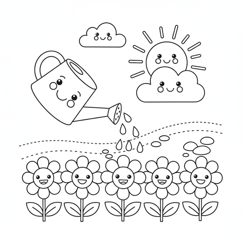 Flower coloring page: a watering can sprinkling water over a row of happy smiling daisies