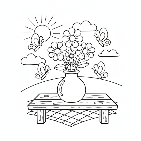Flower coloring page: a vase of wildflowers on a picnic table surrounded by butterflies