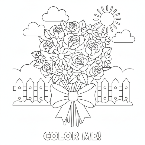 Flower coloring page: a bouquet of roses and daisies tied with a big ribbon bow