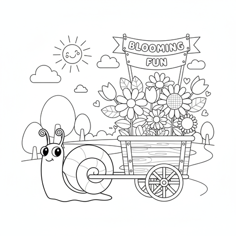Flower coloring page: a flower shop cart being pulled by a cheerful snail