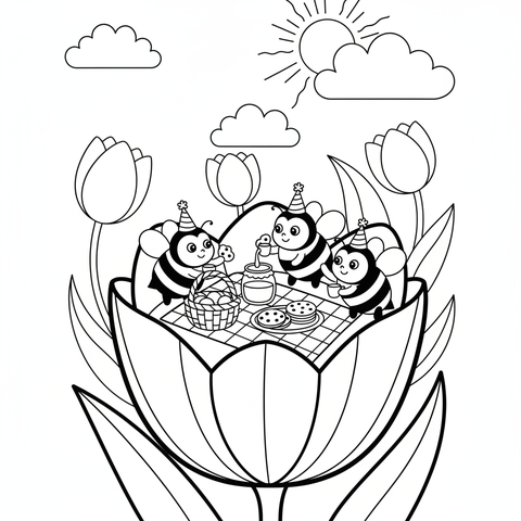 Flower coloring page: bees having a tiny picnic inside a giant tulip