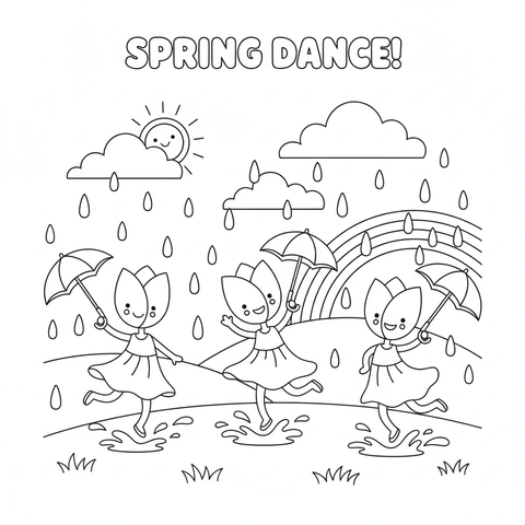 Flower coloring page: tulips dancing in a spring rain shower holding tiny umbrellas
