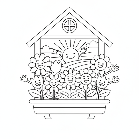 Flower coloring page: a window box of flowers waving good morning to the rising sun