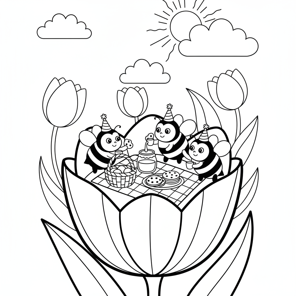 Flower coloring page showing bees having a tiny picnic inside a giant tulip
