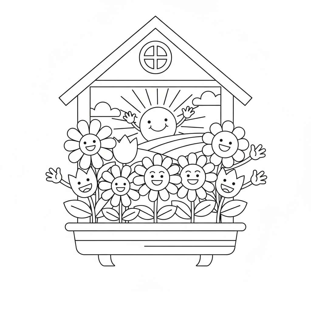 Flower coloring page showing a window box of flowers waving good morning to the rising sun