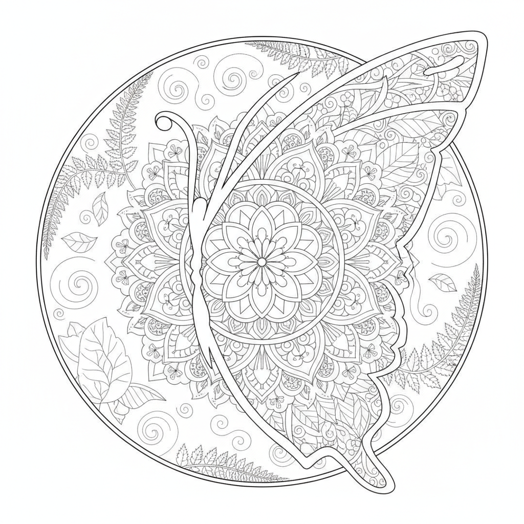 Mandala coloring page showing a butterfly wing mandala with delicate symmetrical lace patterns