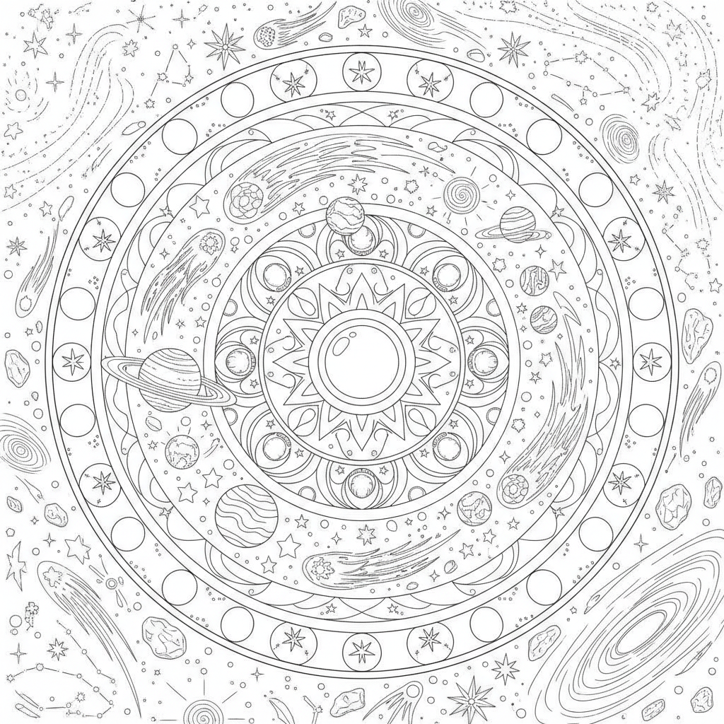 Mandala coloring page showing a celestial mandala of orbiting planets, stars and trailing comets