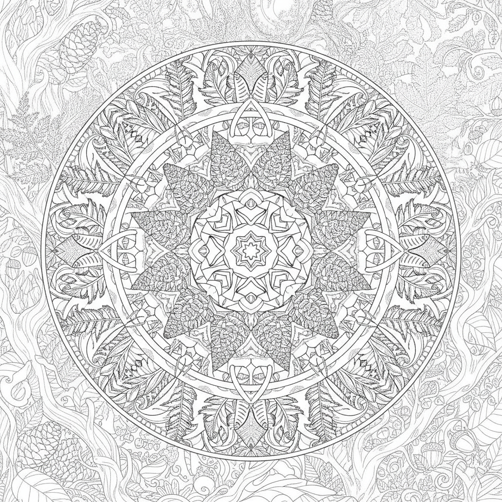 Mandala coloring page showing a forest mandala with ferns, pinecones and rings of small mushrooms