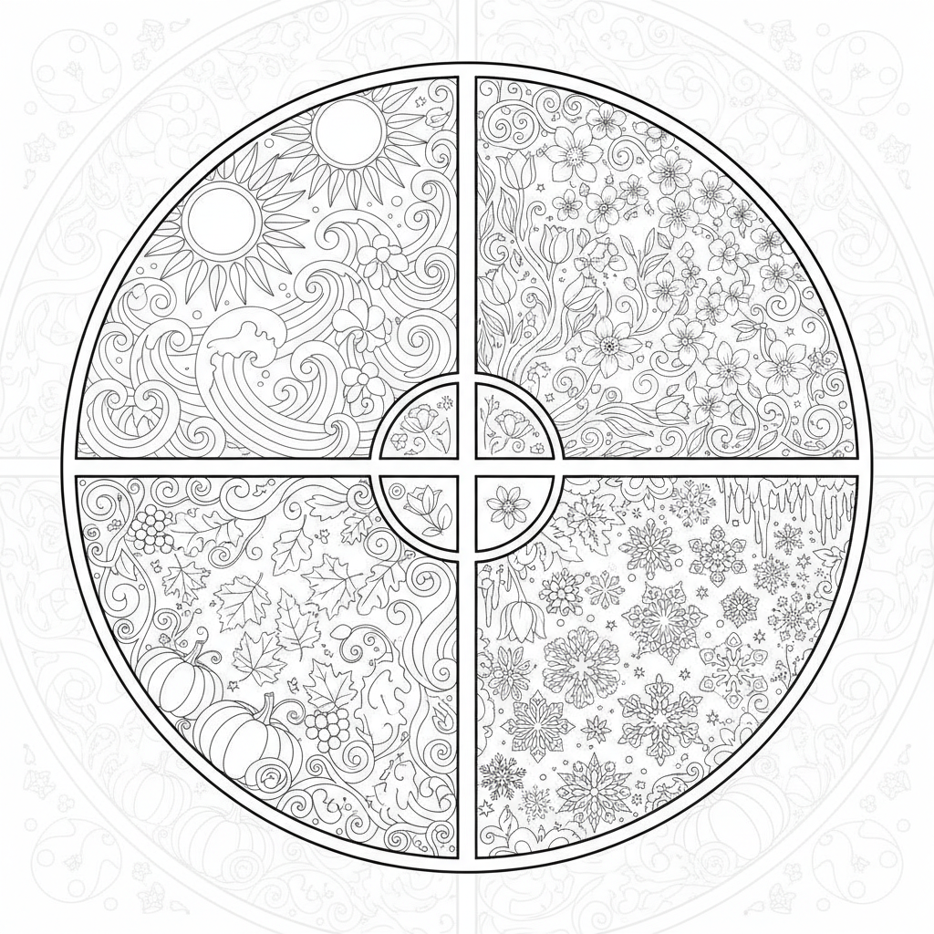 Mandala coloring page showing a four seasons mandala with spring blossoms, summer suns, autumn leaves and winter snowflakes in quadrants