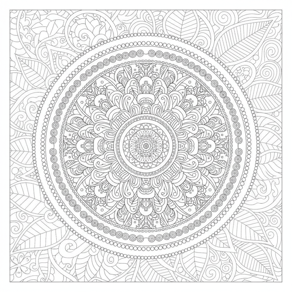Mandala coloring page showing a henna style mandala with paisley curls and fine dotted borders