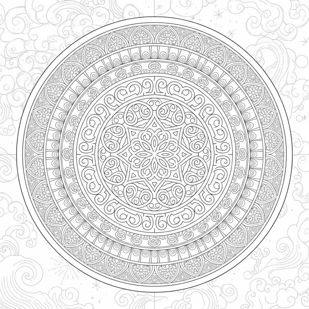 Mandala coloring page showing a labyrinth mandala with interlocking knots and meditative winding pathways