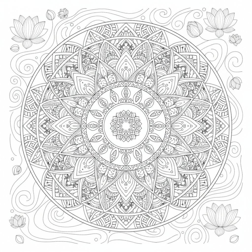 Mandala coloring page showing a mandala of layered lotus petals and concentric geometric rings