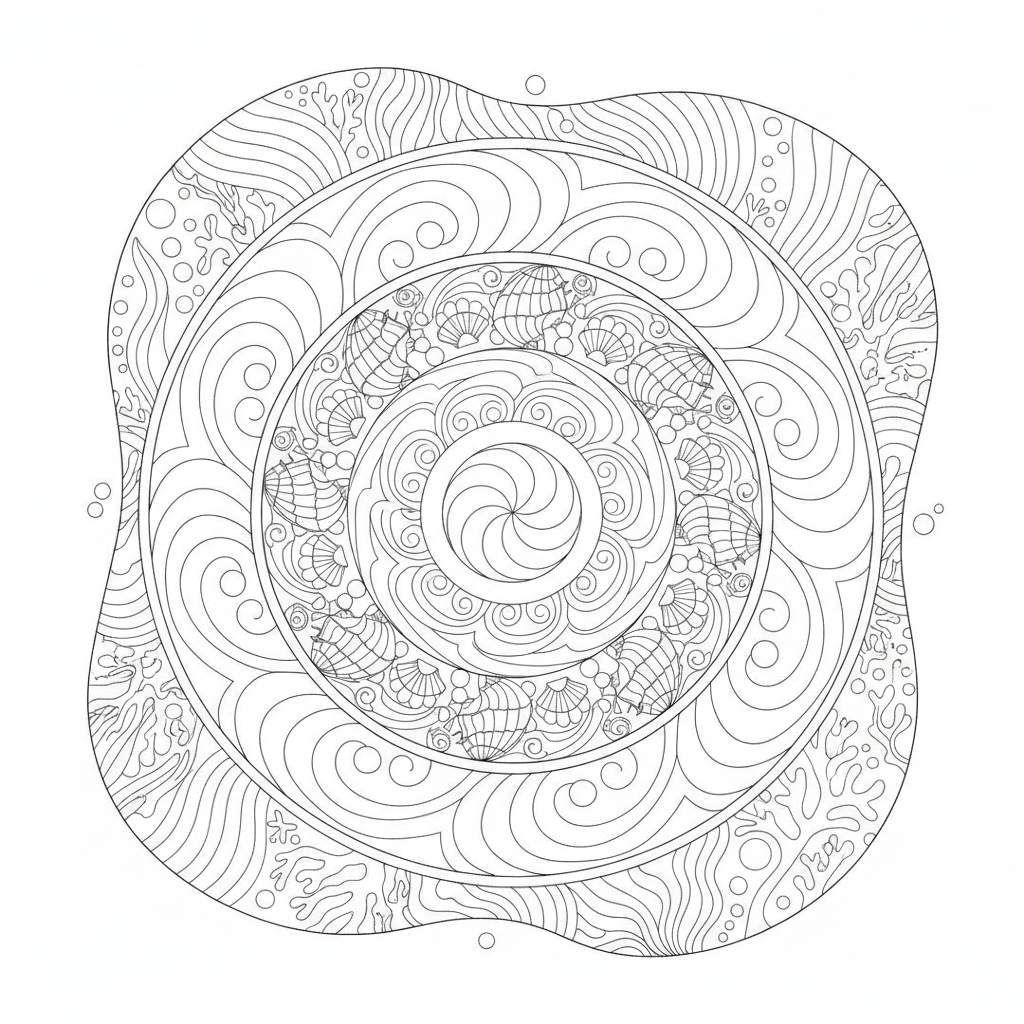 Mandala coloring page showing an ocean wave mandala with rippling currents, shells and spiral tides