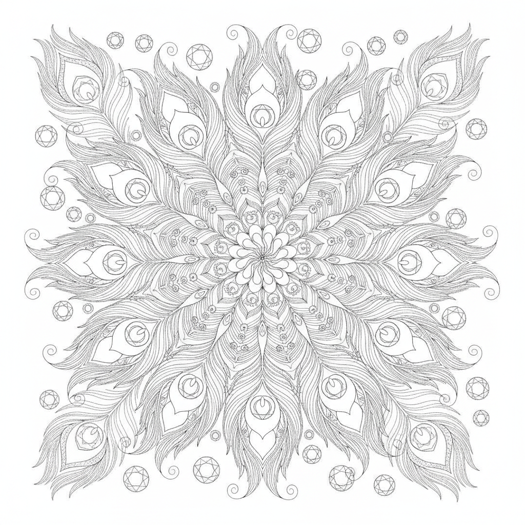Mandala coloring page showing a mandala woven from peacock feathers and teardrop jewel shapes