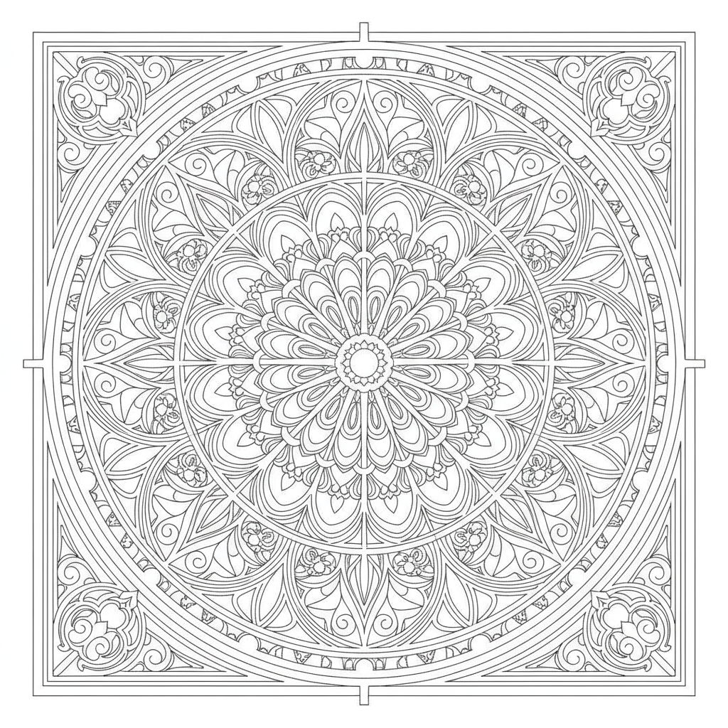 Mandala coloring page showing a rose window mandala inspired by stained glass tracery