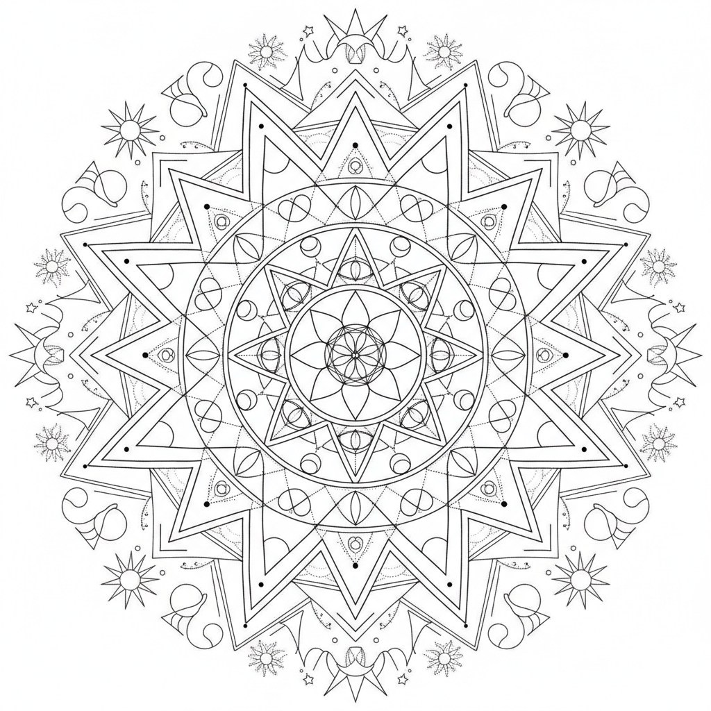 Mandala coloring page showing a starburst mandala with interlocking triangles, sacred geometry lines and dot-work accents