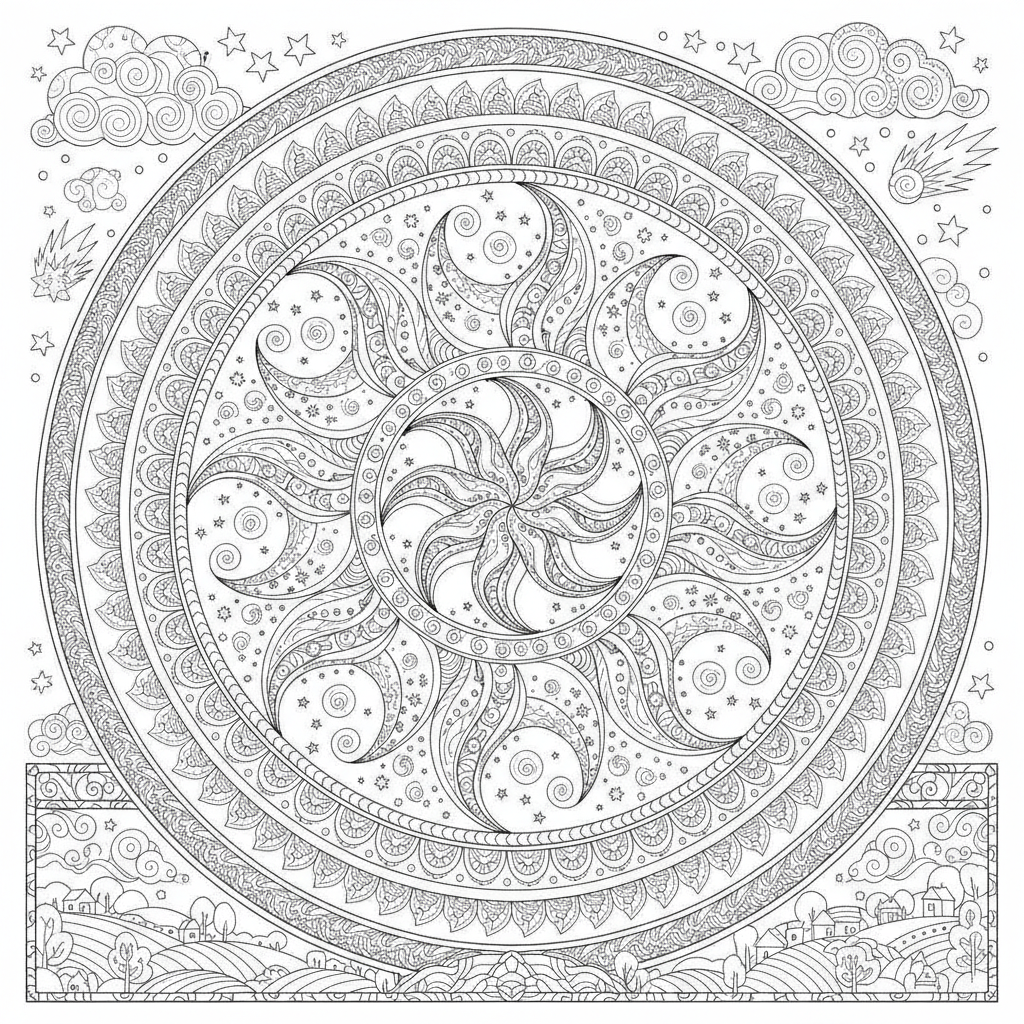 Mandala coloring page showing a sun and moon mandala with radiating flame patterns and crescent details