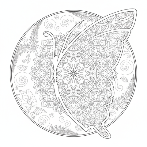 Mandala coloring page: a butterfly wing mandala with delicate symmetrical lace patterns