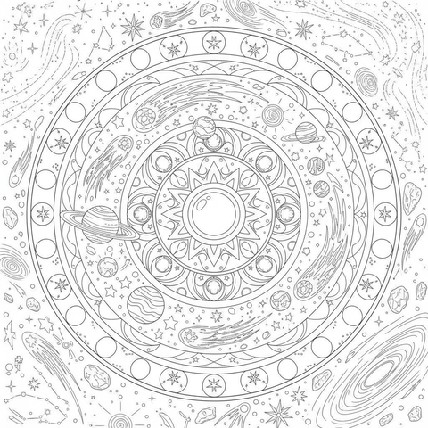 Mandala coloring page: a celestial mandala of orbiting planets, stars and trailing comets