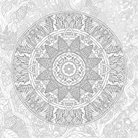 Mandala coloring page: a forest mandala with ferns, pinecones and rings of small mushrooms