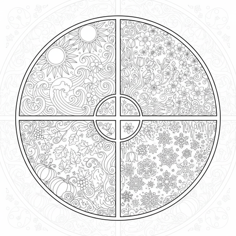 Mandala coloring page: a four seasons mandala with spring blossoms, summer suns, autumn leaves and winter snowflakes in quadrants