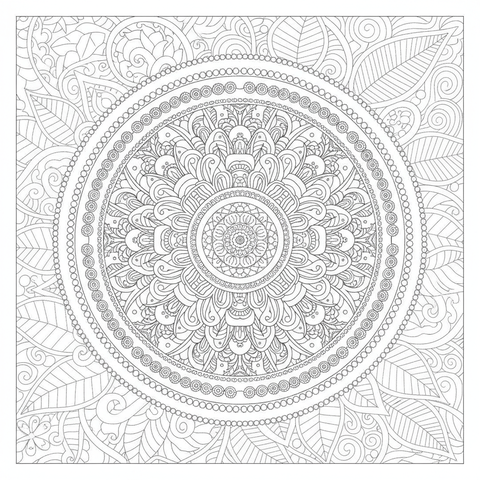 Mandala coloring page: a henna style mandala with paisley curls and fine dotted borders