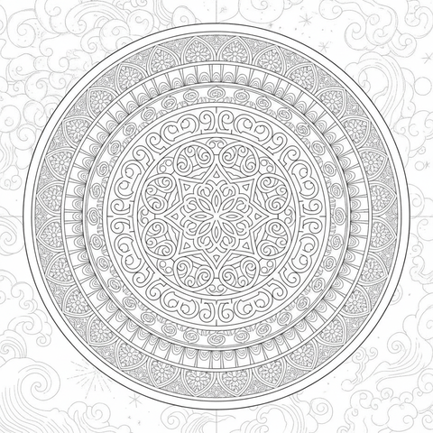Mandala coloring page: a labyrinth mandala with interlocking knots and meditative winding pathways