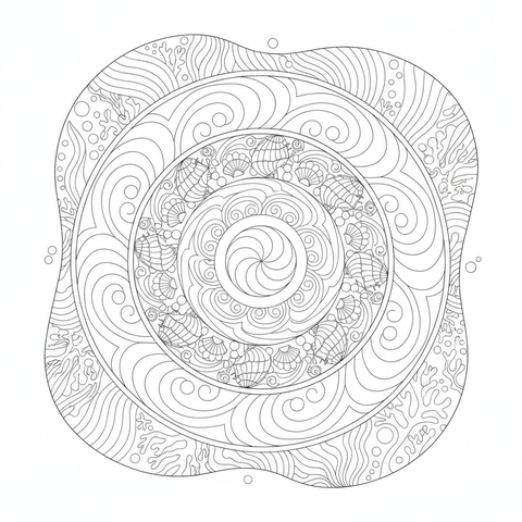 Mandala coloring page: an ocean wave mandala with rippling currents, shells and spiral tides