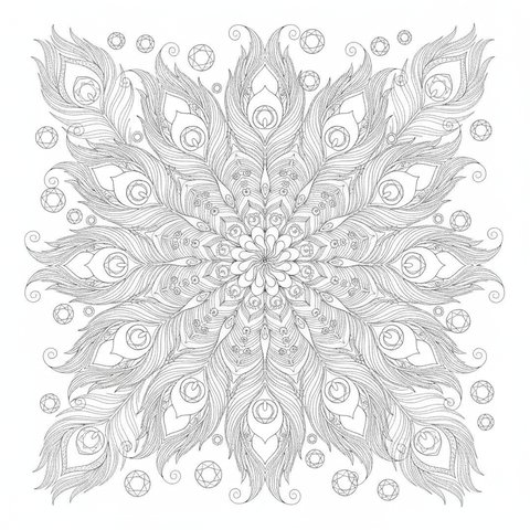 Mandala coloring page: a mandala woven from peacock feathers and teardrop jewel shapes