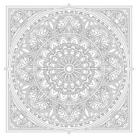 Mandala coloring page: a rose window mandala inspired by stained glass tracery