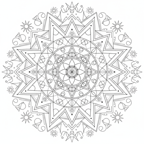 Mandala coloring page: a starburst mandala with interlocking triangles, sacred geometry lines and dot-work accents