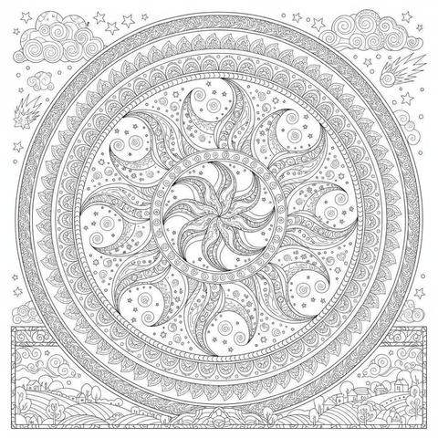 Mandala coloring page: a sun and moon mandala with radiating flame patterns and crescent details