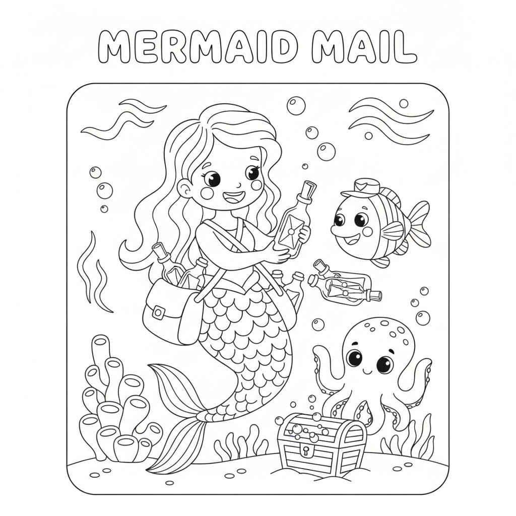 Mermaid coloring page showing a mermaid mail carrier delivering letters in bottles