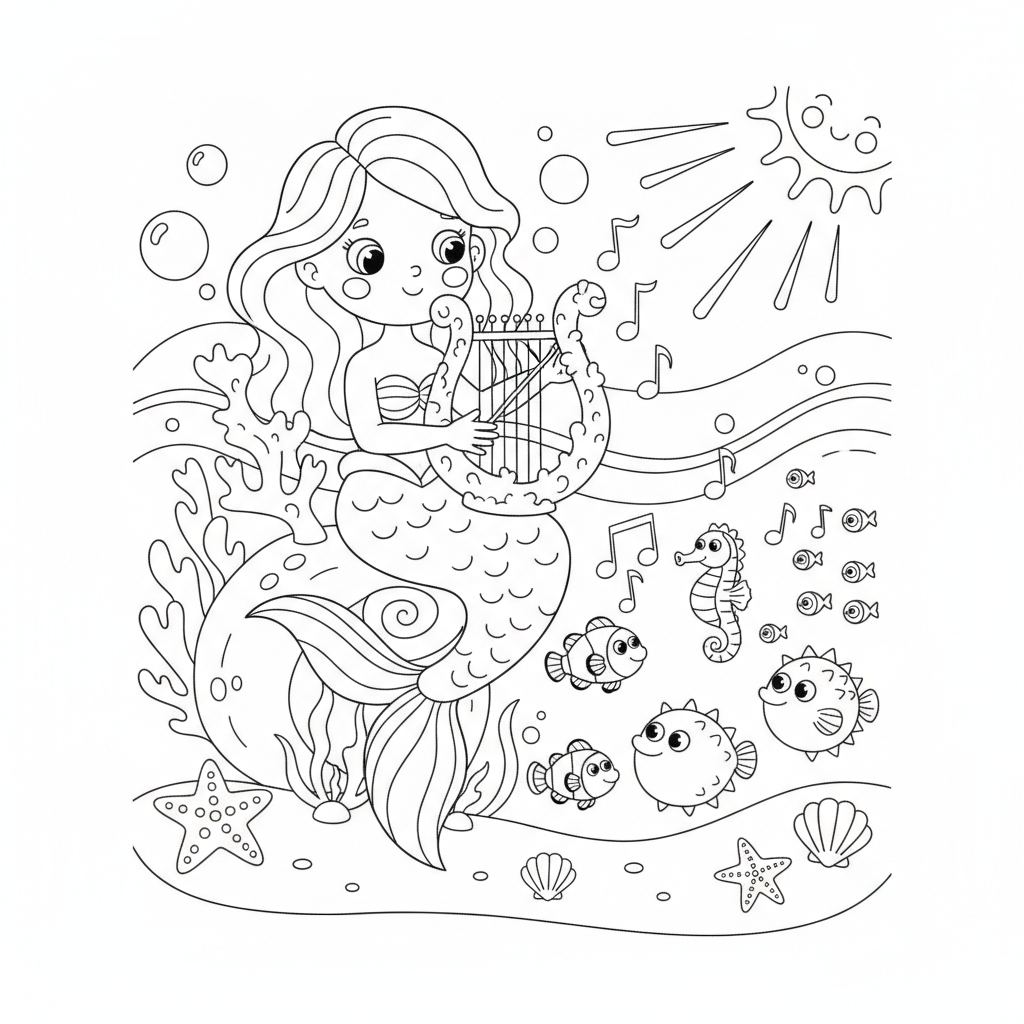 Mermaid coloring page showing a mermaid playing a harp made of coral for an audience of fish