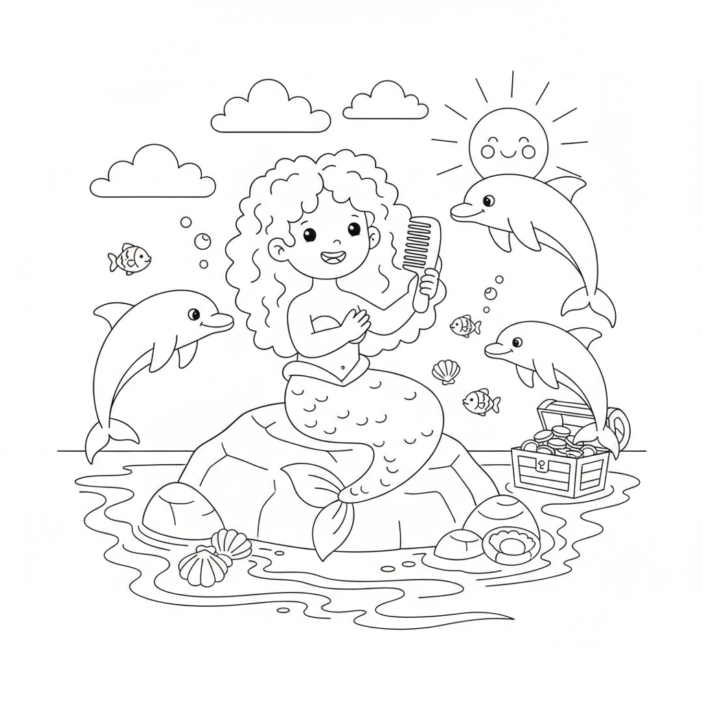 Mermaid coloring page showing a mermaid sitting on a rock combing her hair while dolphins leap around her