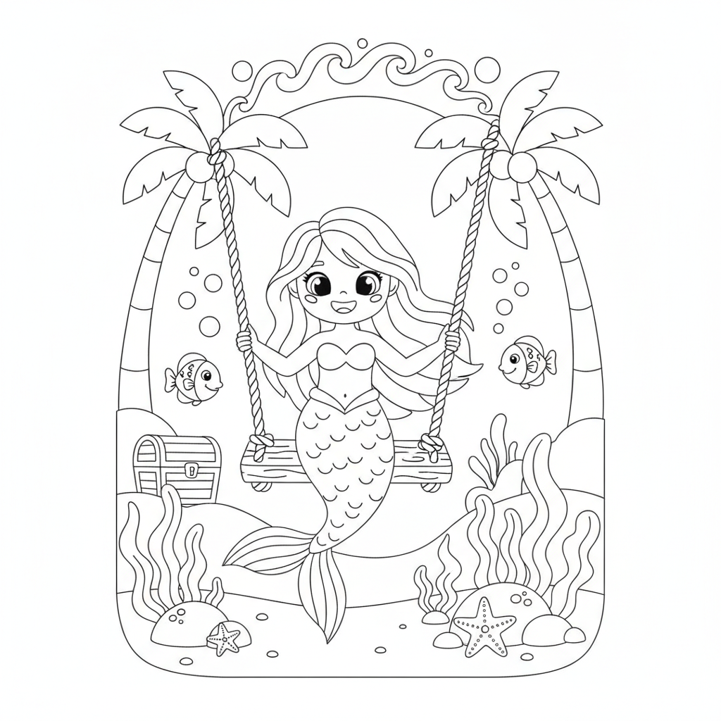 Mermaid coloring page showing a mermaid swinging on a swing made of rope and driftwood