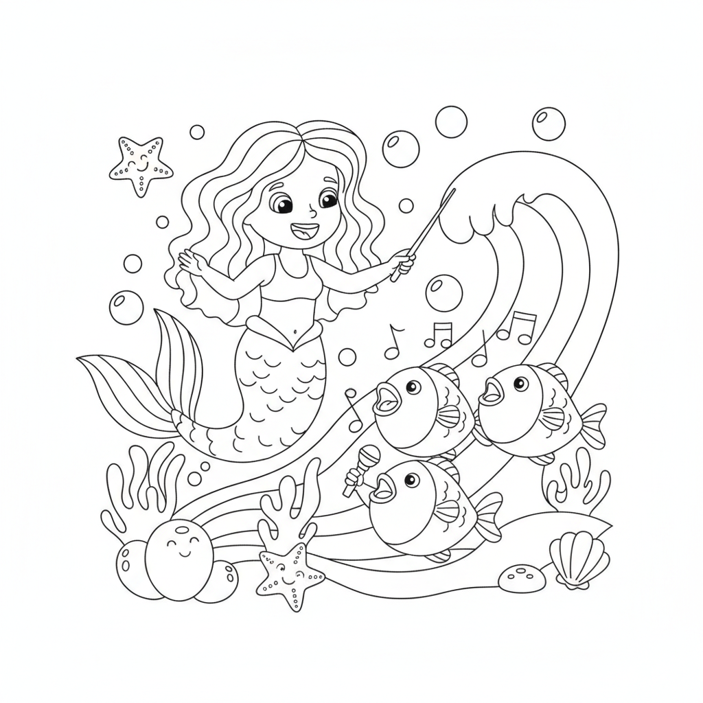 Mermaid coloring page showing a mermaid conducting a choir of singing fish