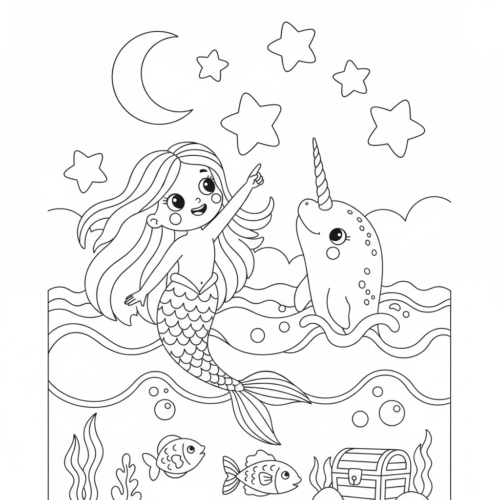 Mermaid coloring page showing a mermaid stargazing at the ocean surface with a narwhal friend