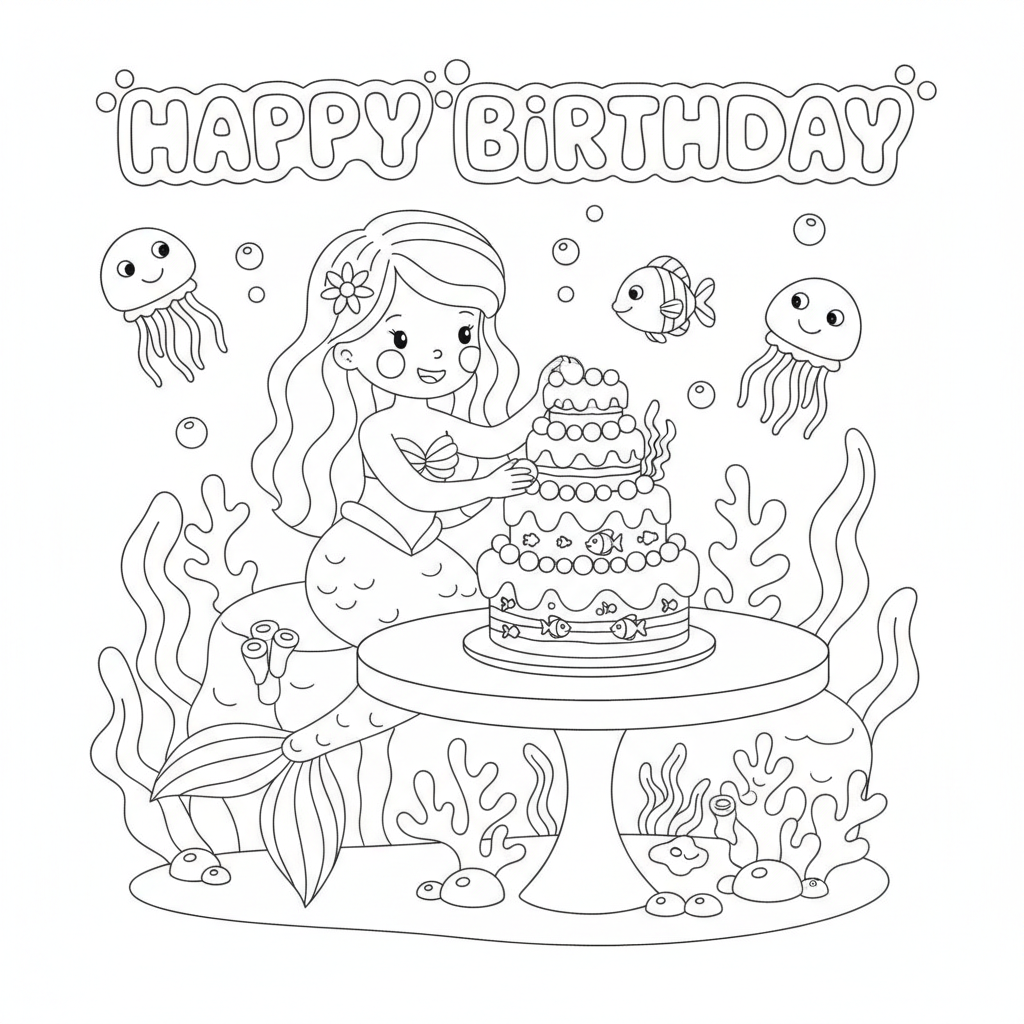 Mermaid coloring page showing a mermaid decorating an underwater birthday cake with pearls