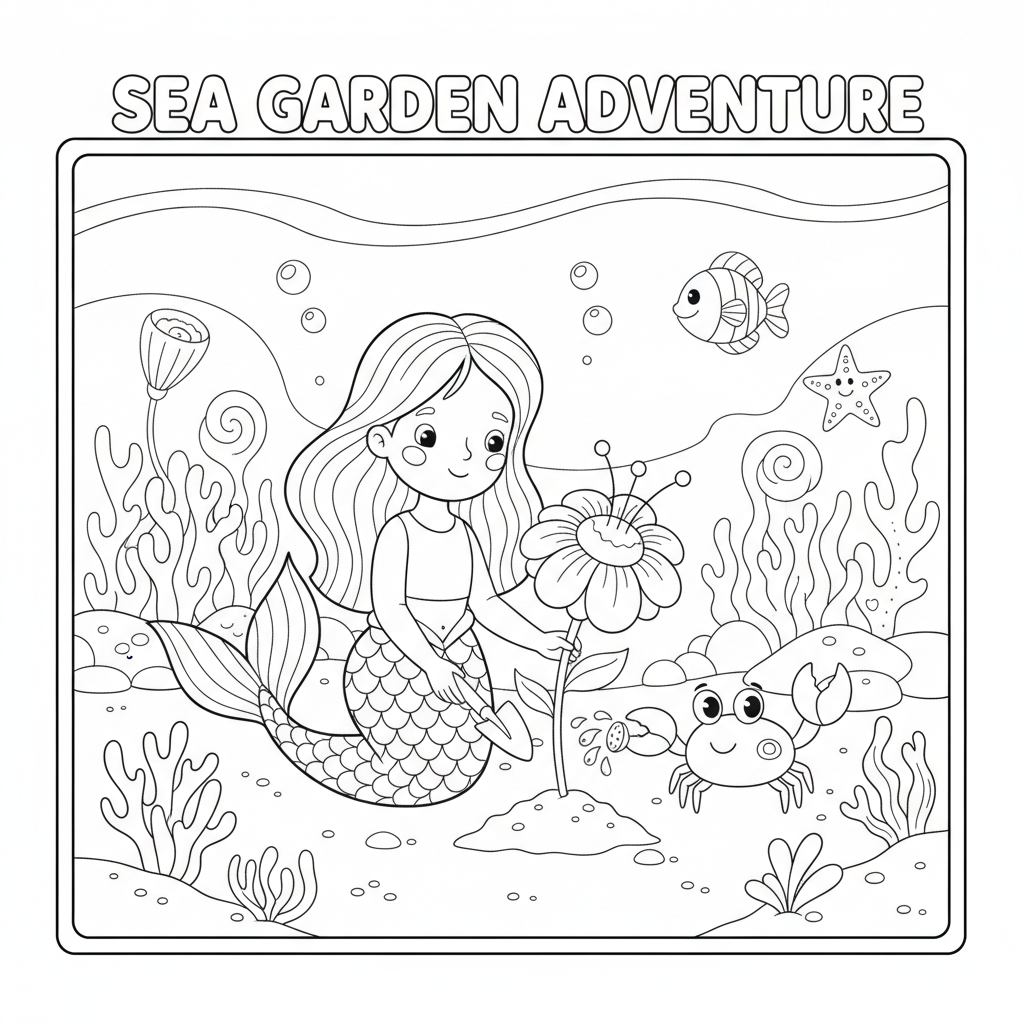 Mermaid coloring page showing a mermaid planting a garden of sea flowers with a crab helper
