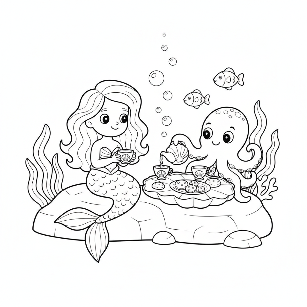 Mermaid coloring page showing a mermaid having a seashell tea party with a friendly octopus