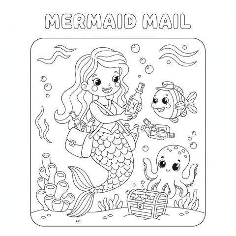Mermaid coloring page: a mermaid mail carrier delivering letters in bottles