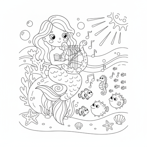 Mermaid coloring page: a mermaid playing a harp made of coral for an audience of fish