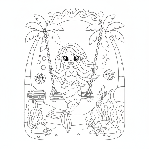 Mermaid coloring page: a mermaid swinging on a swing made of rope and driftwood