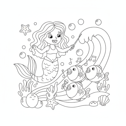 Mermaid coloring page: a mermaid conducting a choir of singing fish