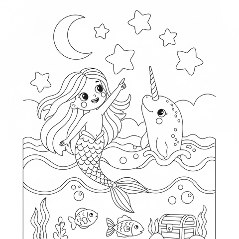 Mermaid coloring page: a mermaid stargazing at the ocean surface with a narwhal friend