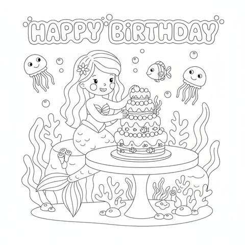 Mermaid coloring page: a mermaid decorating an underwater birthday cake with pearls